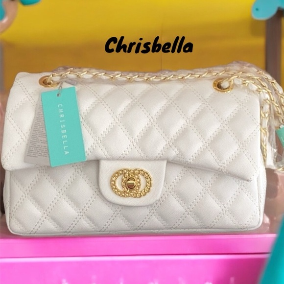 Chrisbella NWT White Quilted Leather Gold Women's Crossbody Bag Double Flap - Picture 1 of 9